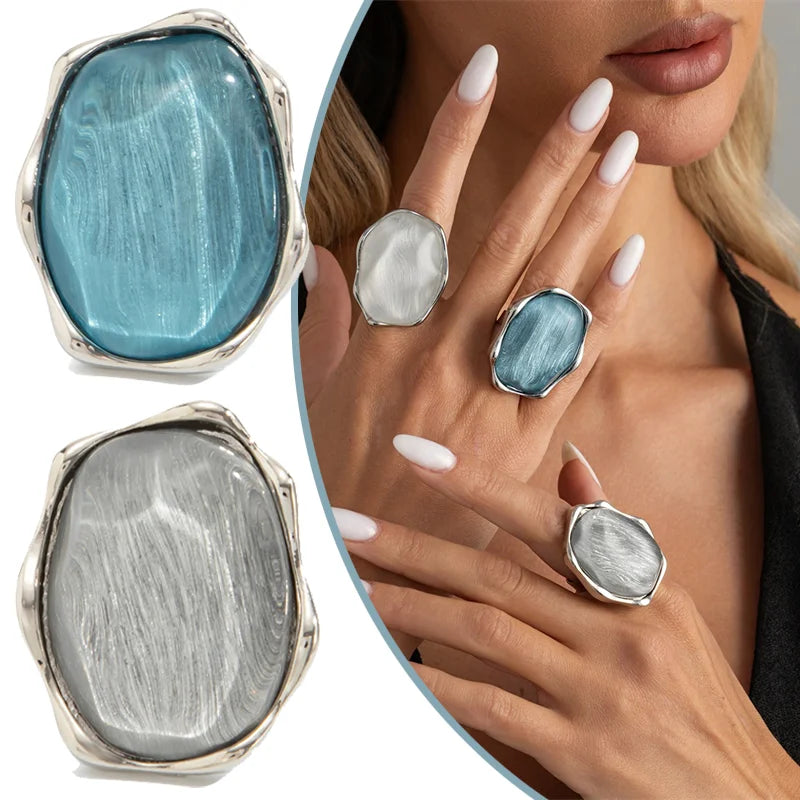 Vintage Blue Water Ripple Gemstone Resin Finger Rings